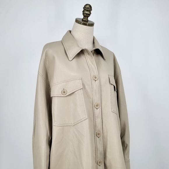 Wilfred Ganna Shirt Jacket Faux Leather Shacket Taupe Cream Button Up XL - Picture 10 of 11